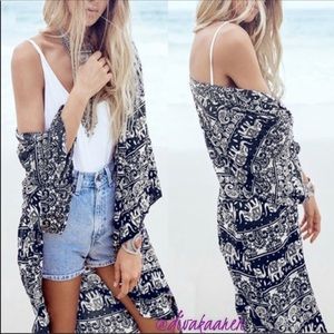 Trendy Boho Black & White Kimono Coverup Swim